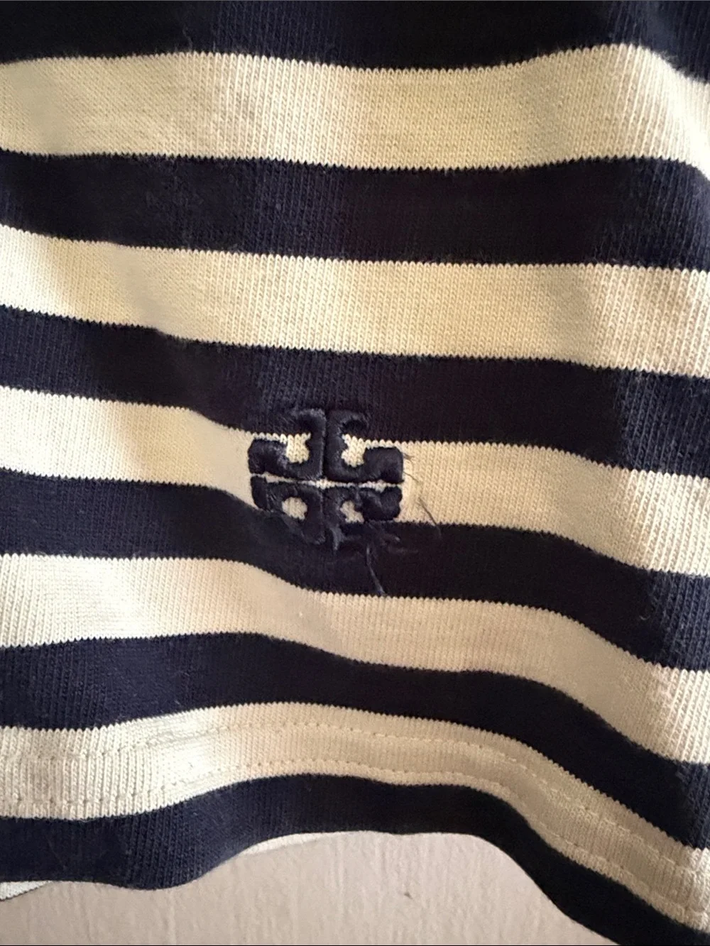Striped Short-Sleeve Boatneck Top in Navy and White